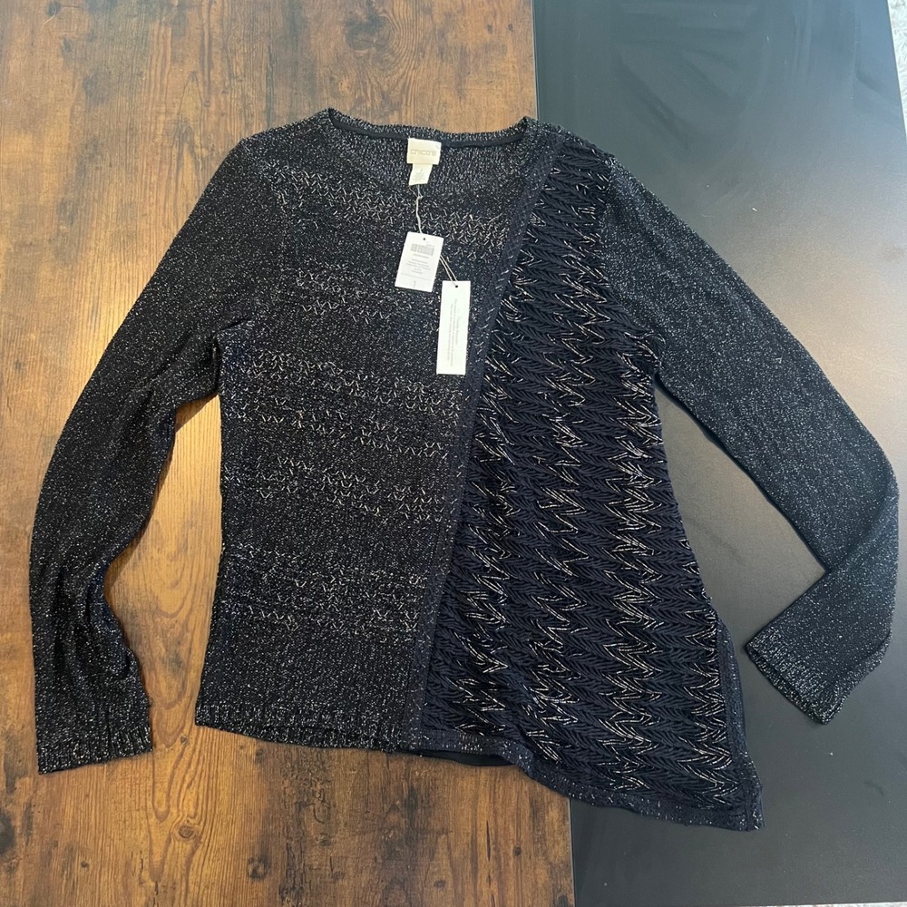 Chico's Shaina Mixed Knit Metallic Pullover Sweater Black Silver Size 1 M NEW